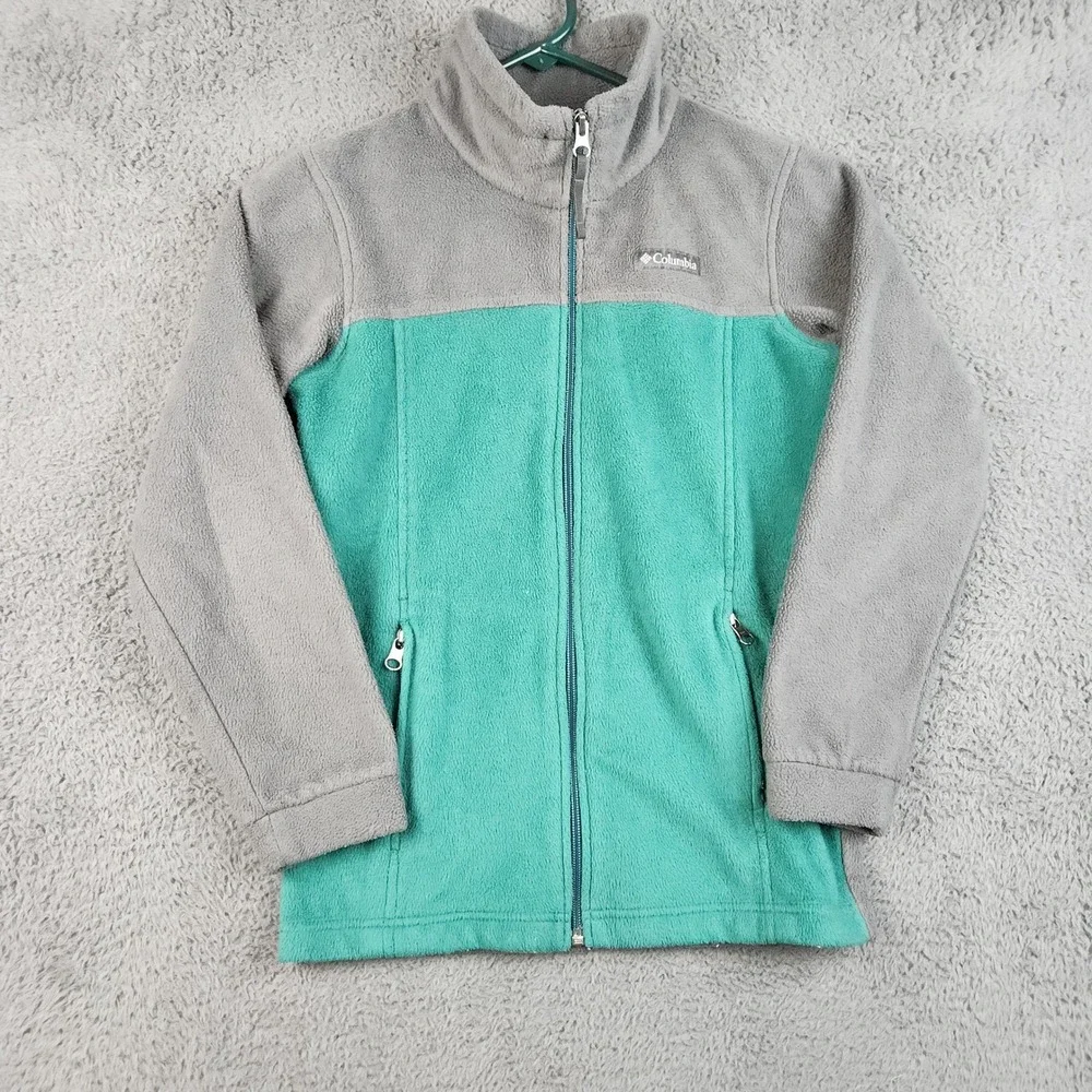 Columbia Fleece Jacket Girls Medium 10-12 Gray Teal Full Zip Colorblock Gorpcore